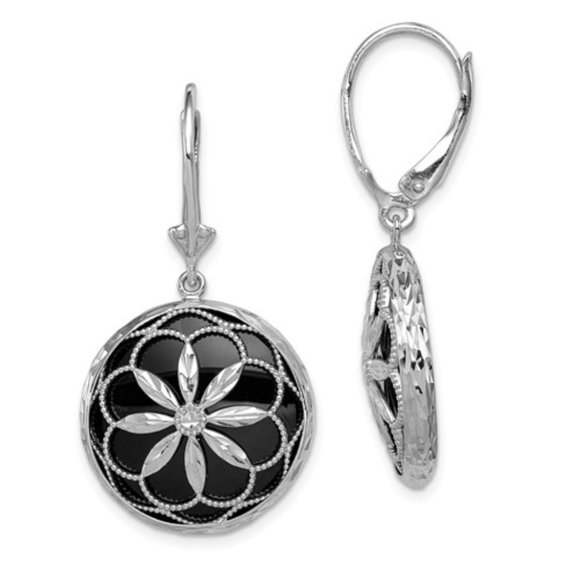 925 Sterling Silver Floral Starburst Round Black Onyx Leverback Drop Earrings - Picture 1 of 4